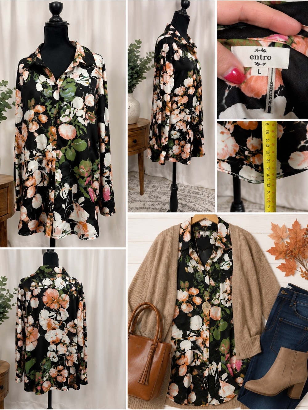 Entro Floral Button Down Tunic Blouse Black Multicolor Size Large